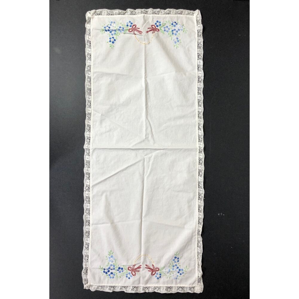 Vintage Small Table Runner with Bows and Flowers, Lace Edges 34” x 14” size